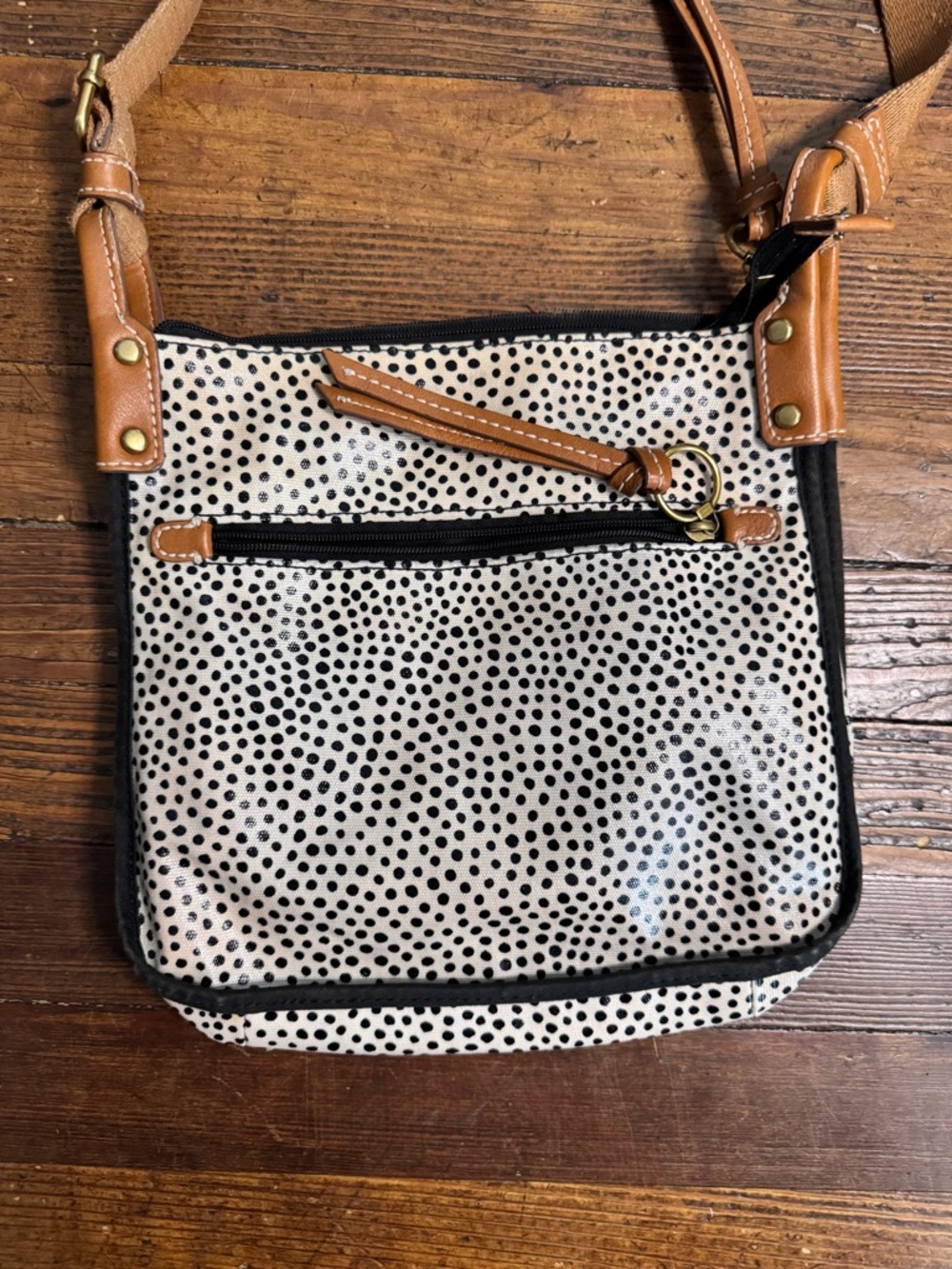 Fossil Keyper Crossbody Coated Canvas Black & Off White Polka Dot